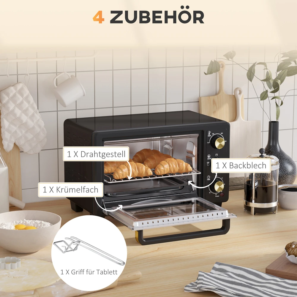 Kaitlentė "HOMCOM" mini orkaitė 16 L 1400 W Mini orkaitė 100-230 ℃ 60 min. laikmatis, su grilio grotelėmis ir kepimo skardomis, picų kepimo krosnelė su dėklo rankena, trupinių padėklas juodas