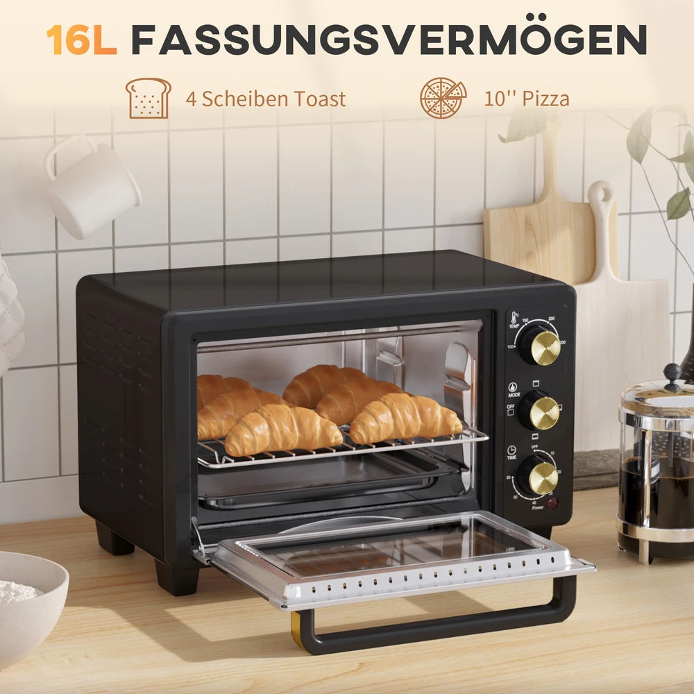 Kaitlentė "HOMCOM" mini orkaitė 16 L 1400 W Mini orkaitė 100-230 ℃ 60 min. laikmatis, su grilio grotelėmis ir kepimo skardomis, picų kepimo krosnelė su dėklo rankena, trupinių padėklas juodas