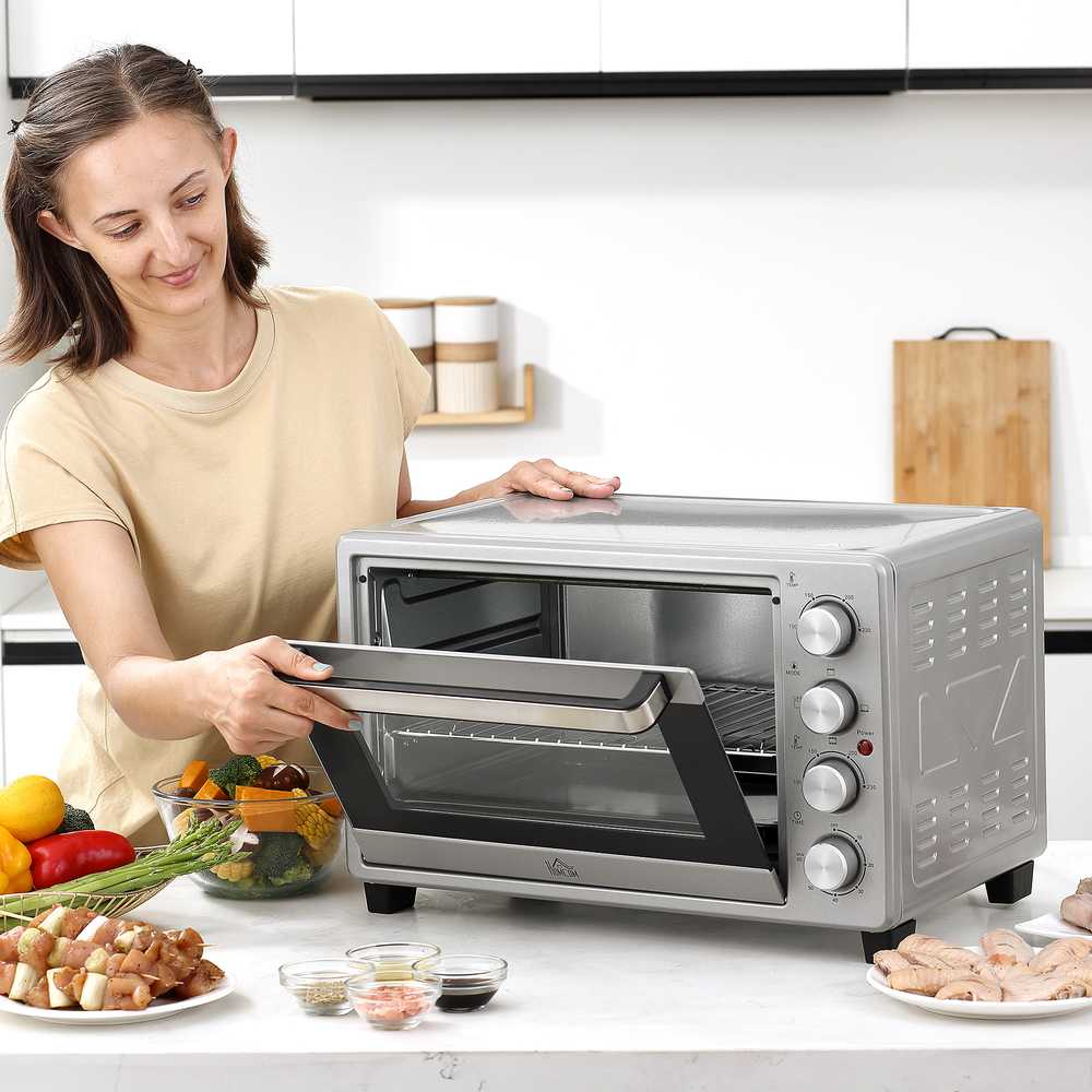 Gruzdintuvė HOMCOM mini orkaitė 32L, 1600W, elektrinė orkaitė su trupinių padėklu, nerūdijantis plienas ir stiklas, sidabrinė, 52,2x38,1x33,5cm