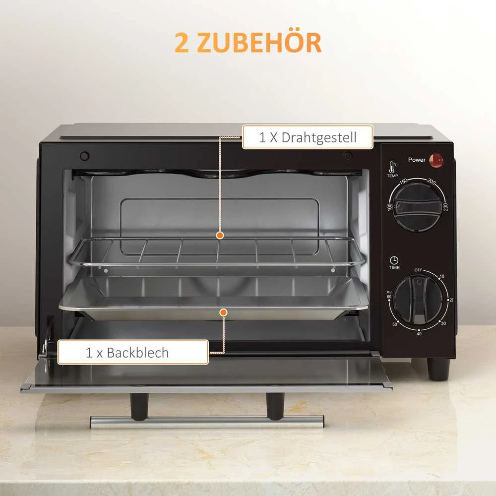 Elektrinė krosnelė HOMCOM mini orkaitė 9L, su kepimo skarda, grotelėmis, 100 °C-230 °C, reguliuojama temperatūra ir kepimo laikas, 60 min. laikmatis, 750 W, nerūdijantis plienas, juoda