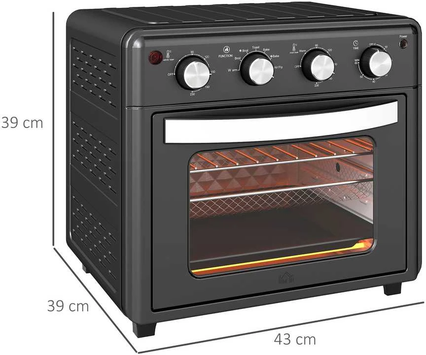 Elektrinė krosnelė HOMCOM mini orkaitė su konvekcija, 30 l, su kepimo skarda, grotelėmis ir trupinių padėklu, 90–230 °C orinė gruzdintuvė su 7 režimais, krepšeliu kepimui, 60 min. laikmačiu, 1600 W, metalinė | Aosom