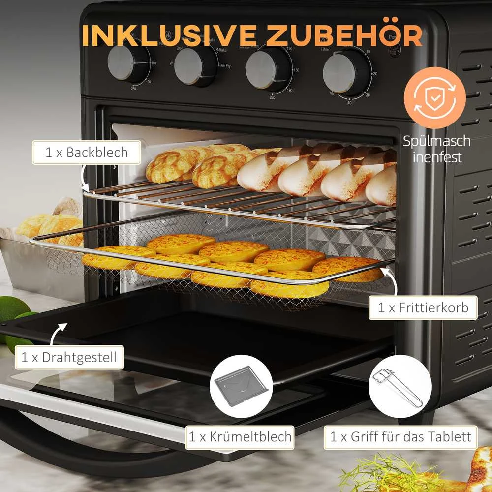 Elektrinė krosnelė HOMCOM mini orkaitė su konvekcija, 30 l, su kepimo skarda, grotelėmis ir trupinių padėklu, 90–230 °C orinė gruzdintuvė su 7 režimais, krepšeliu kepimui, 60 min. laikmačiu, 1600 W, metalinė | Aosom