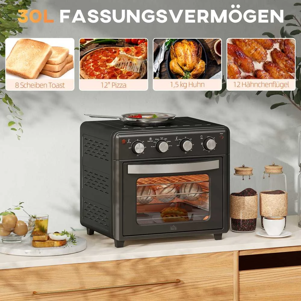 Elektrinė krosnelė HOMCOM mini orkaitė su konvekcija, 30 l, su kepimo skarda, grotelėmis ir trupinių padėklu, 90–230 °C orinė gruzdintuvė su 7 režimais, krepšeliu kepimui, 60 min. laikmačiu, 1600 W, metalinė | Aosom