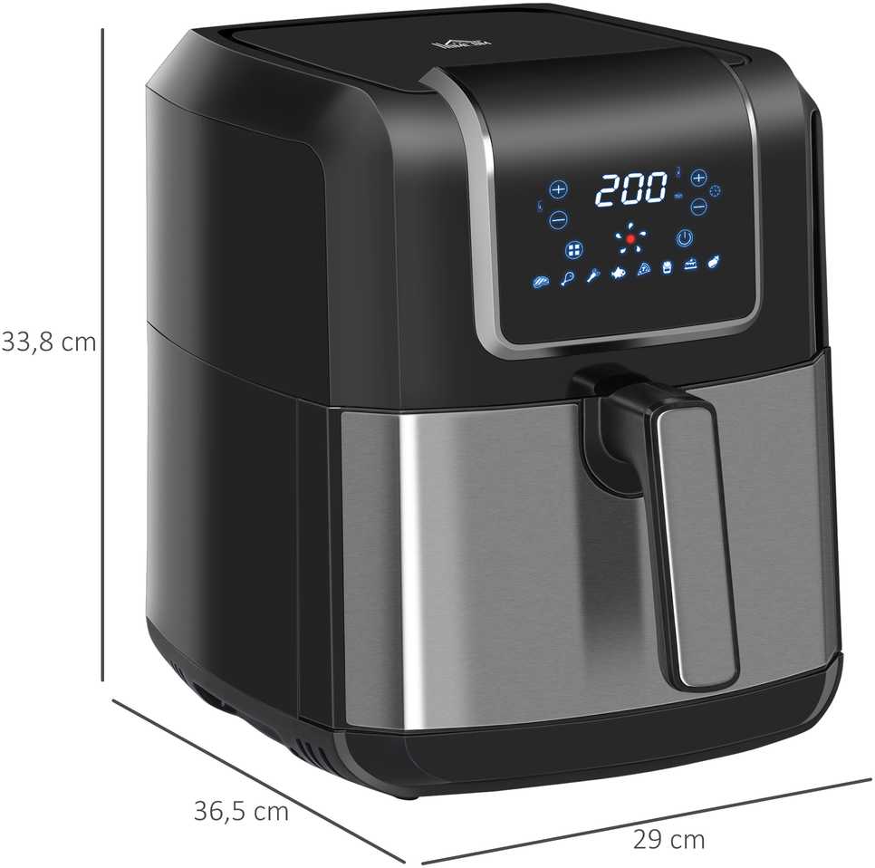 HOMCOM karšto oro gruzdintuvė 6,5 l, 1700 W, su 8 meniu ir LED ekranu, nelimpančia danga, sveikam gaminimui be aliejaus, juoda, 36,5 x 29 x 33,8 cm