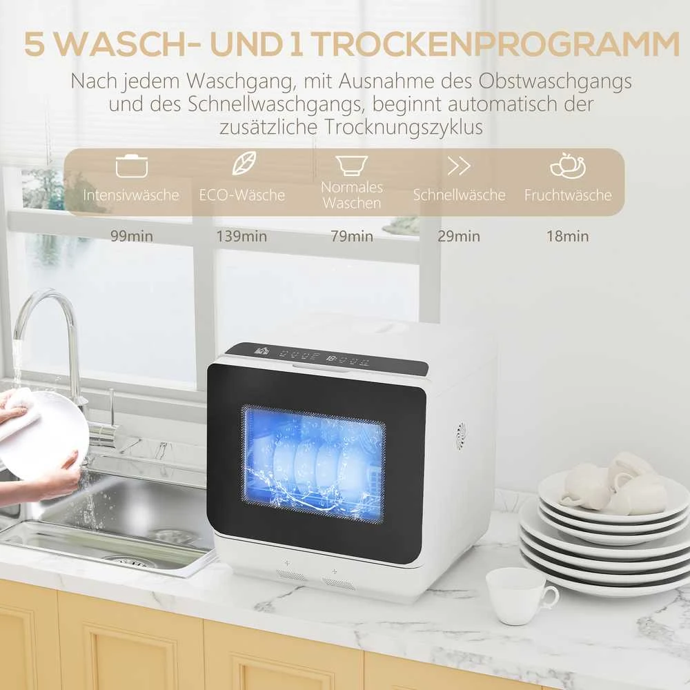 Stalų indaplovė HOMCOM, mini indaplovė su 6 litrų bakeliu, 5 programos, LED ekranas, džiovinimo funkcija, balta