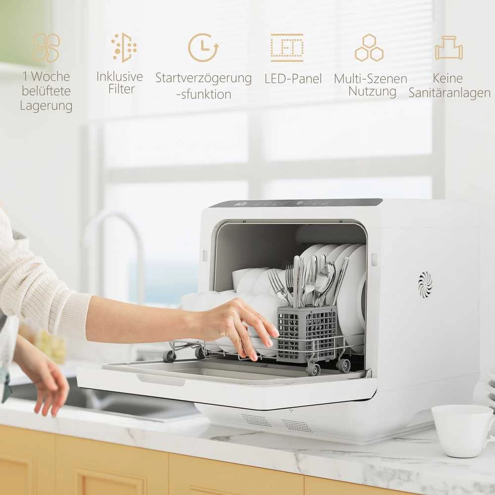 Stalų indaplovė HOMCOM, mini indaplovė su 6 litrų bakeliu, 5 programos, LED ekranas, džiovinimo funkcija, balta