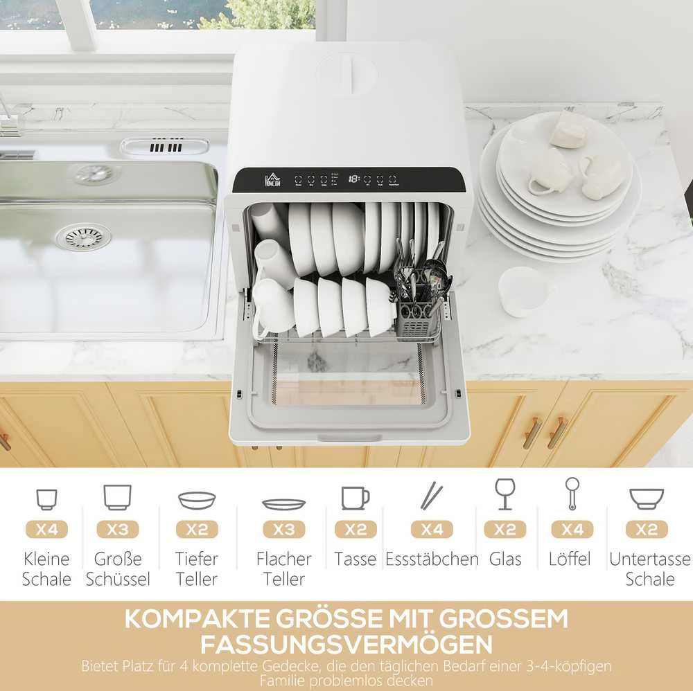 Stalų indaplovė HOMCOM, mini indaplovė su 6 litrų bakeliu, 5 programos, LED ekranas, džiovinimo funkcija, balta