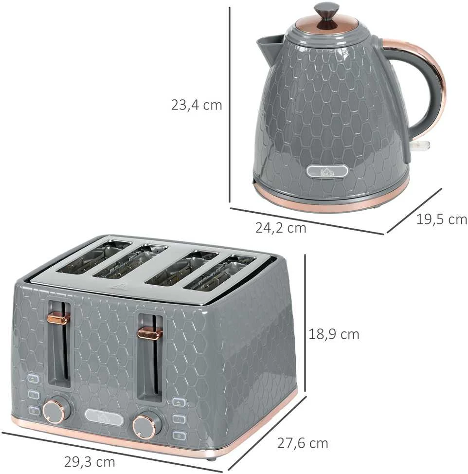 HOMCOM 2-in-1 virtuvės rinkinys, skrudintuvas ir virdulys, keli variantai, 1,7 l, 4 skrudinimo vietos vienu metu, plastikas, pilka