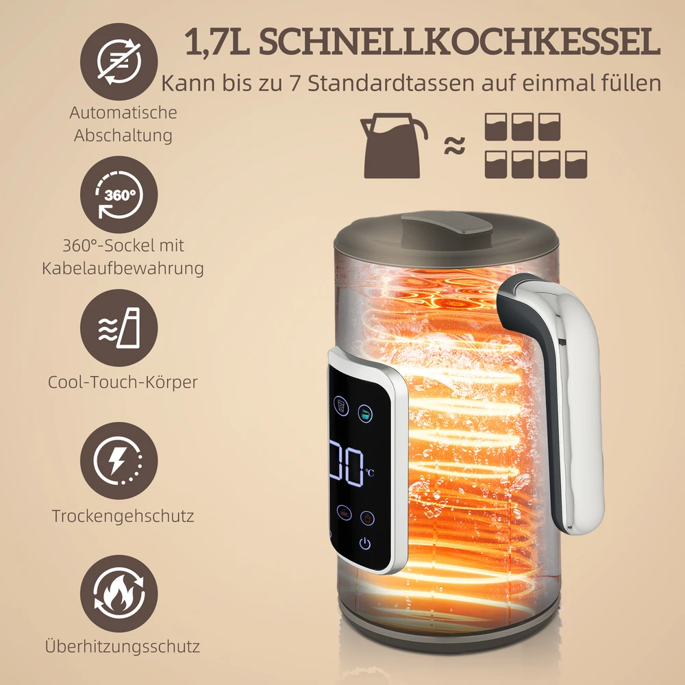 Skrudintuvas HOMCOM Virdulio ir skrudintuvų rinkinys su LED jutikliniu ekranu, 1,7 L, 2 skrudintuvo vietos, įvairūs režimai ir funkcijos, juodas