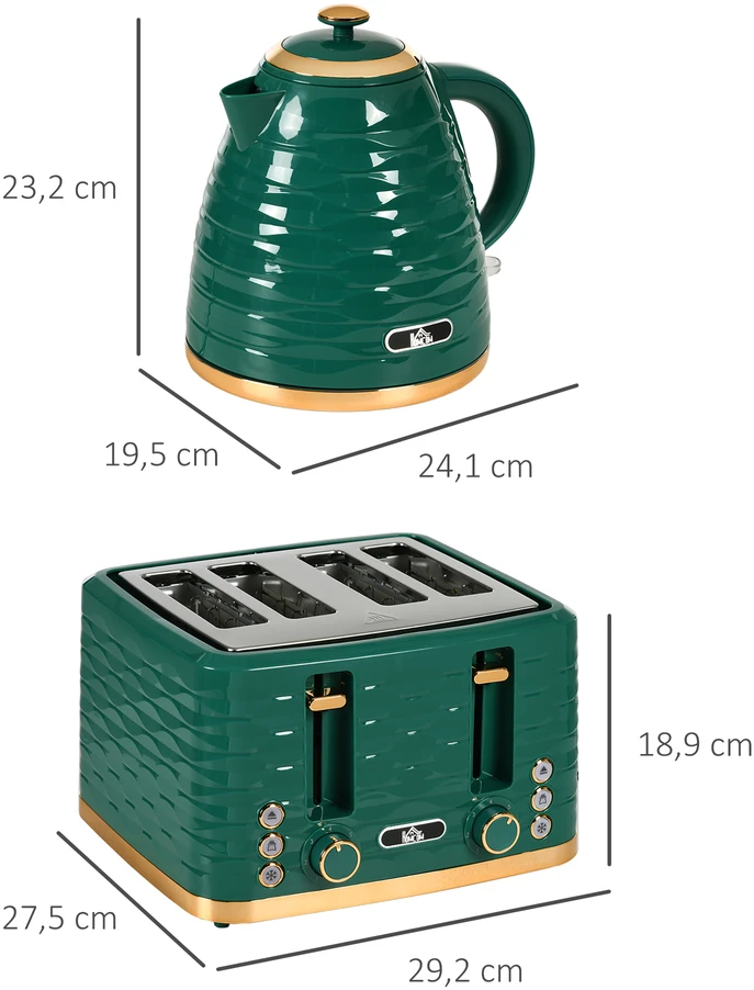Kaitlentė Virdulio ir skrudintuvo rinkinys, 1,7 l virdulys ir 4 angų skrudintuvas, žalias, 24,1 × 19,5 × 23,2 cm / 29,2 × 27,5 × 18,9 cm, 2 vnt.