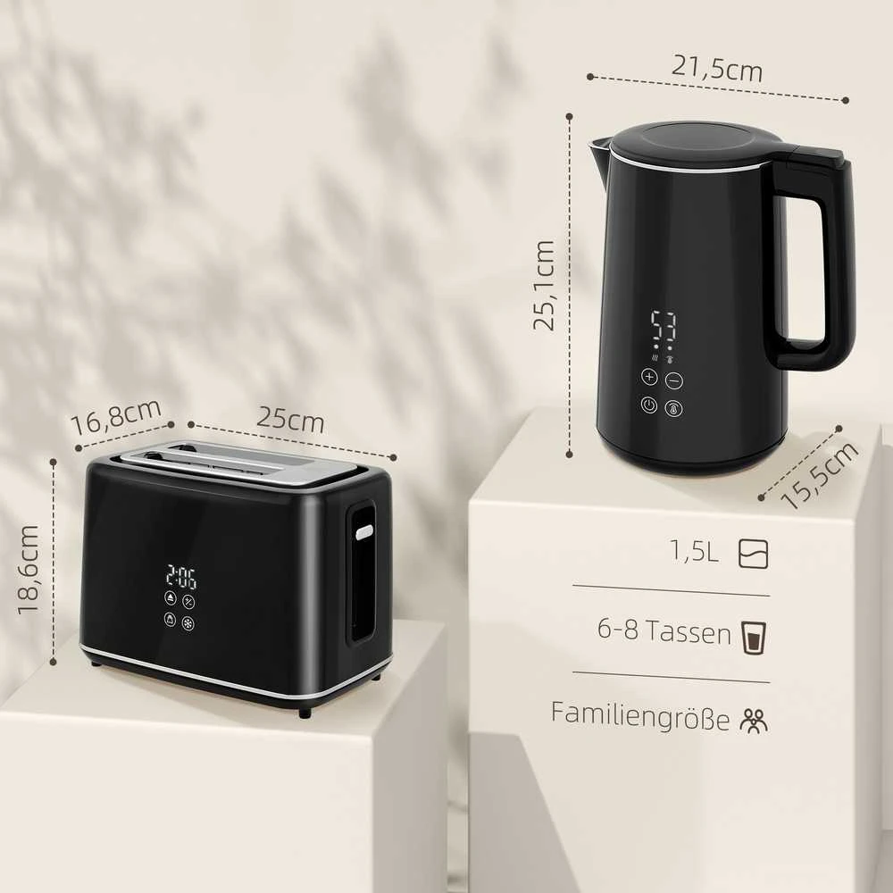 Skrudintuvas HOMCOM virdulio ir skrudintuvo rinkinys, 1,5 l virdulys, 2 skrudintuvo angos, 2200 W pusryčių rinkinys su 7 skrudinimo lygiais, atitirpinimo ir pašildymo funkcija, automatinio išsijungimo funkcija ir trupinių padėklu, juodas