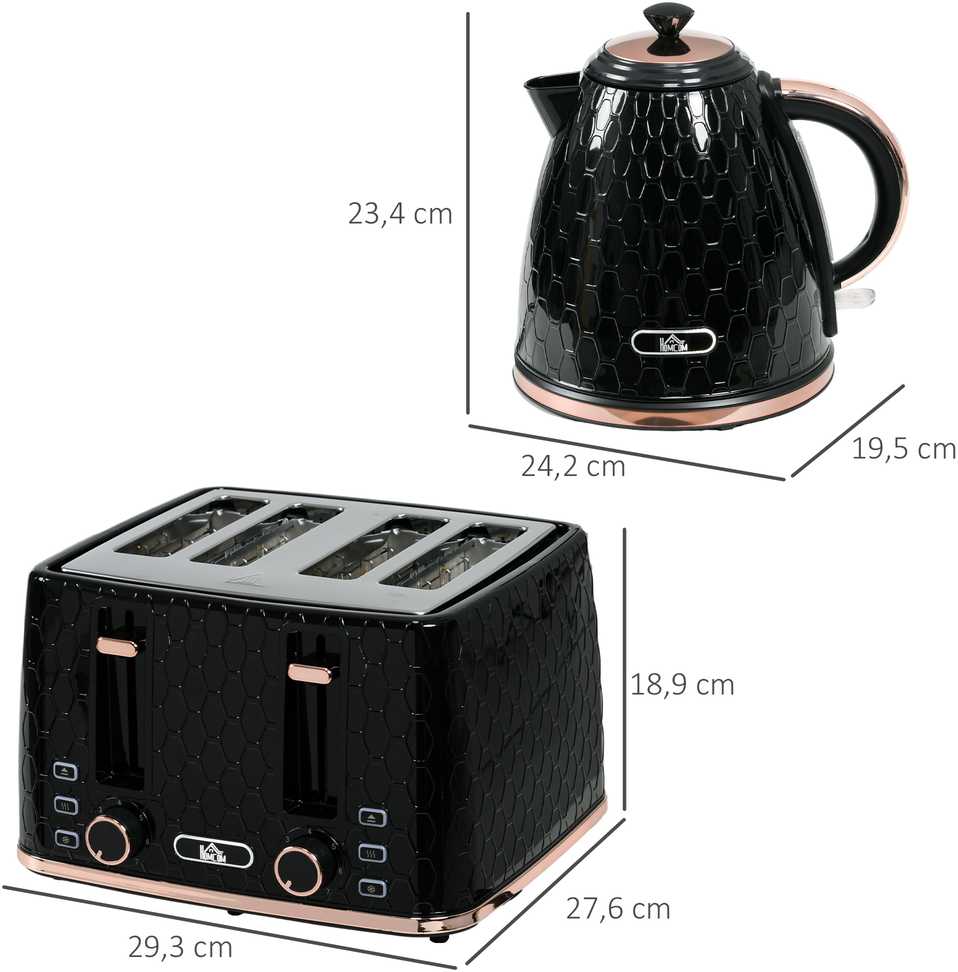 HOMCOM 2-in-1 virtuvės komplektas, skrudintuvas ir virdulys, 1,7 l, 4 riekelės vienu metu, plastikas, juodas