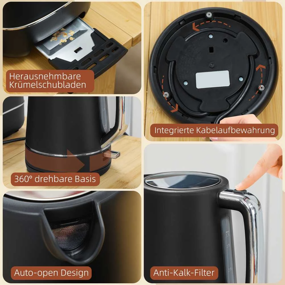 HOMCOM virdulio ir skrudintuvo rinkinys, 2200 W, 1,7 l virdulys, 2 riekelių skrudintuvas, 6 skrudinimo lygiai, pašildymo ir atitirpinimo funkcijos, pusryčių komplektas su kalkių filtru ir trupinių padėklu, juodas