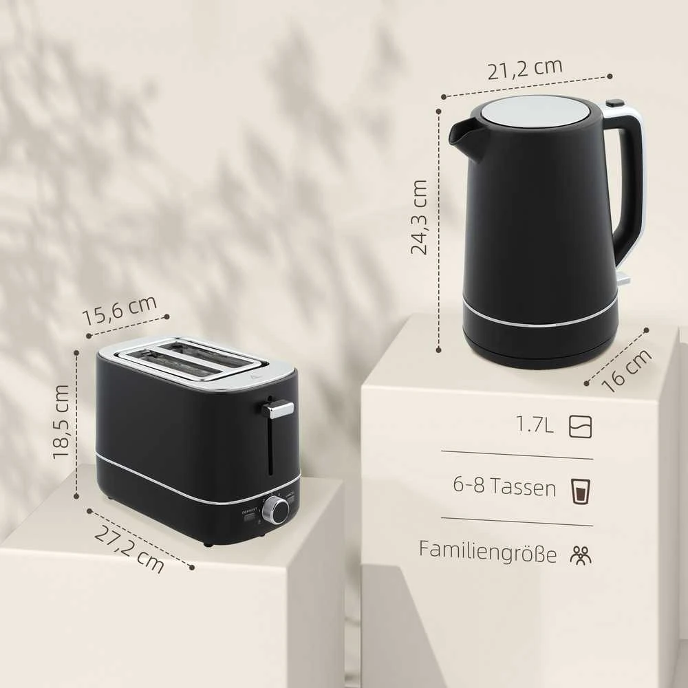 HOMCOM virdulio ir skrudintuvo rinkinys, 2200 W, 1,7 l virdulys, 2 riekelių skrudintuvas, 6 skrudinimo lygiai, pašildymo ir atitirpinimo funkcijos, pusryčių komplektas su kalkių filtru ir trupinių padėklu, juodas