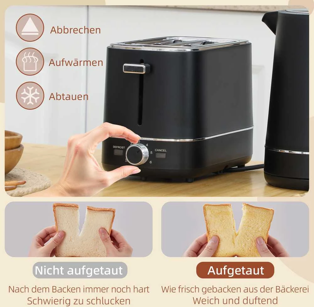 HOMCOM virdulio ir skrudintuvo rinkinys, 2200 W, 1,7 l virdulys, 2 riekelių skrudintuvas, 6 skrudinimo lygiai, pašildymo ir atitirpinimo funkcijos, pusryčių komplektas su kalkių filtru ir trupinių padėklu, juodas