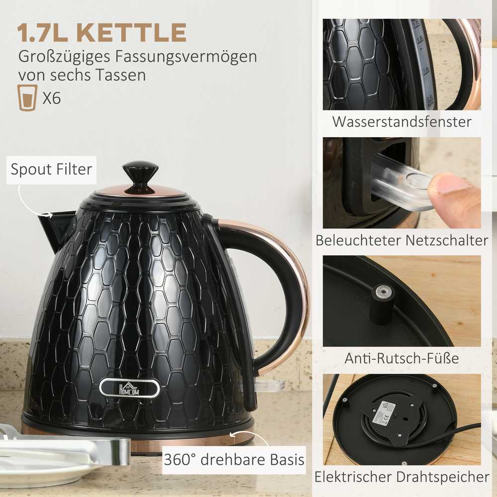 HOMCOM 2-in-1 virtuvės komplektas, skrudintuvas ir virdulys, 1,7 l, 4 riekelės vienu metu, plastikas, juodas