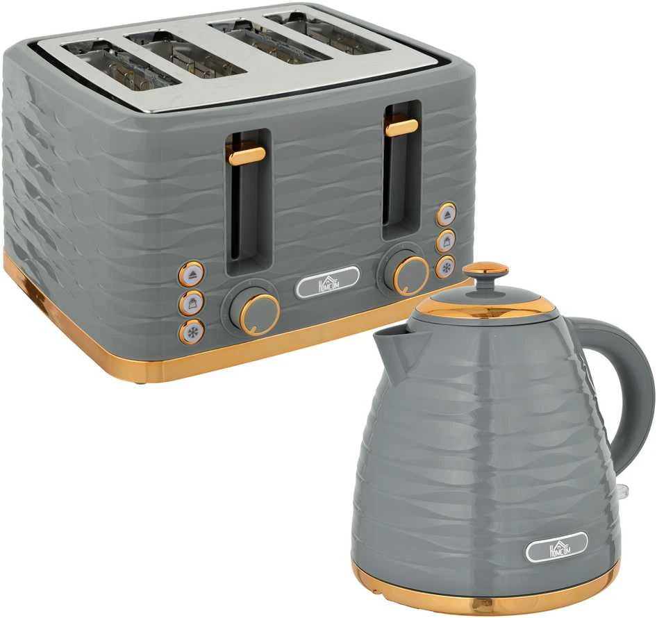 Skrudintuvas HOMCOM virdulio ir skrudintuvo rinkinys, pusryčių komplektas su 1,5 l virduliu, 4 riekelių skrudintuvu, 3000 W, 7 skrudinimo lygiais, atitirpinimo, pašildymo funkcijomis ir trupinių padėklu, „Otter“ termostatas, pilkas