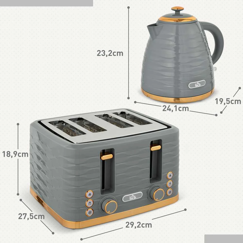 Skrudintuvas HOMCOM virdulio ir skrudintuvo rinkinys, pusryčių komplektas su 1,5 l virduliu, 4 riekelių skrudintuvu, 3000 W, 7 skrudinimo lygiais, atitirpinimo, pašildymo funkcijomis ir trupinių padėklu, „Otter“ termostatas, pilkas