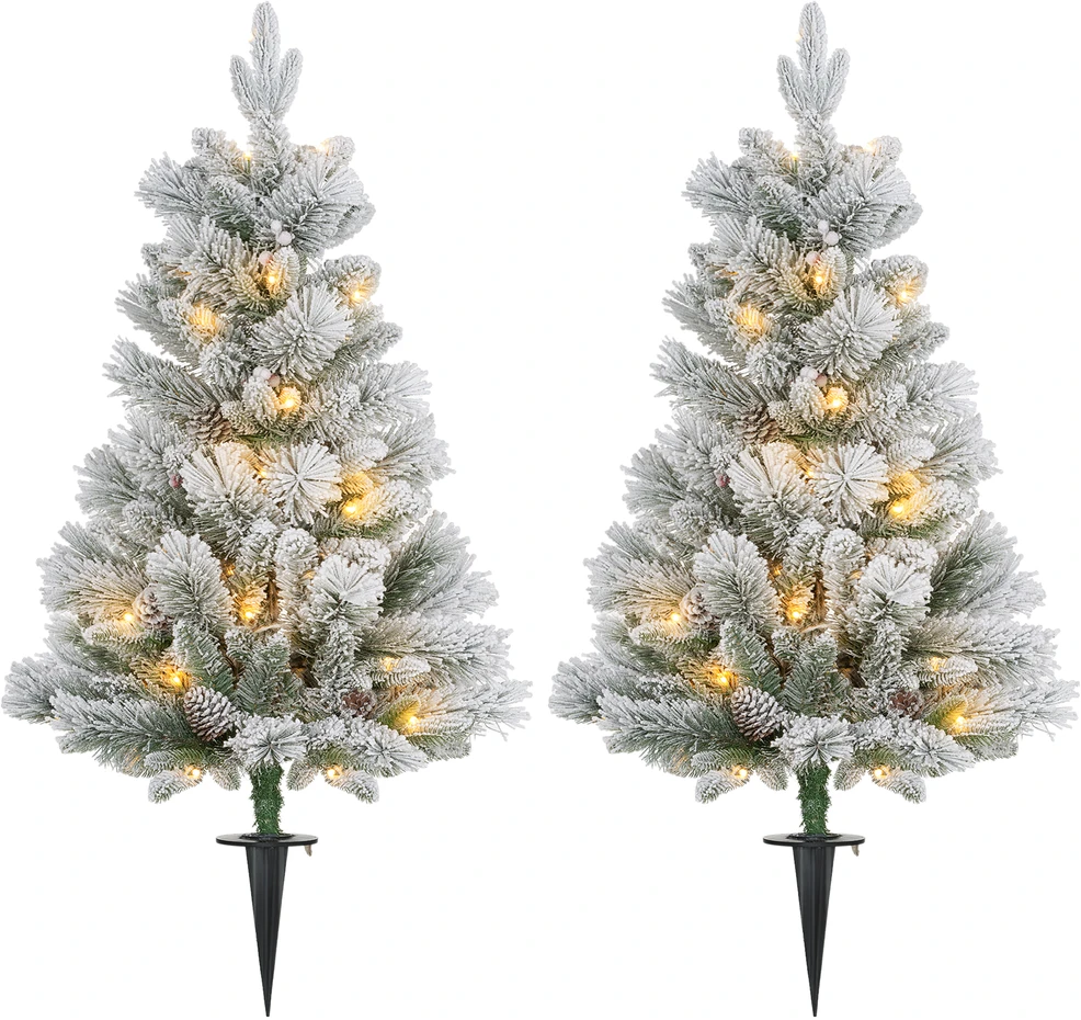 Kalėdinė eglutė su LED apšvietimu ir dirbtiniu sniegu, žalia/balta, 107 cm, 2 vnt.