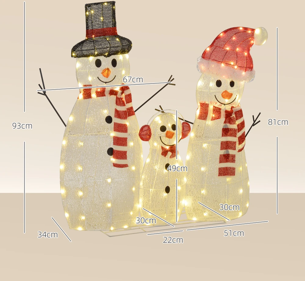 Kalėdinė LED dekoracija „Sniego senių šeima“, 148 LED, balta, 67 × 34 × 93 cm / 51 × 30 × 81 cm / 22 × 30 × 49 cm, 3 vnt.