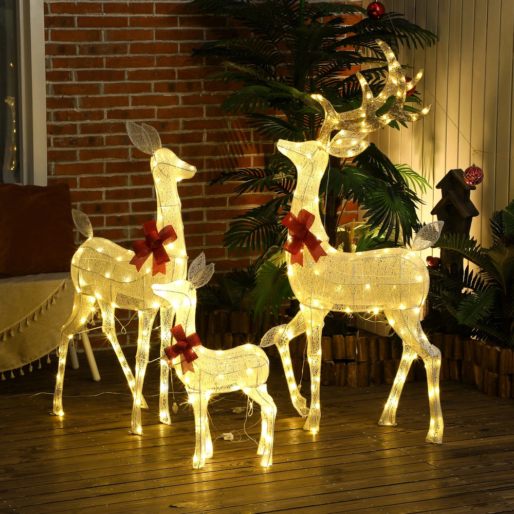 Kalėdinė LED elnių šeima, 283 LED lemputės, sidabrinė, 64 × 37 × 134 cm / 71 × 23 × 112 cm / 45 × 17 × 70 cm, 3 vnt.