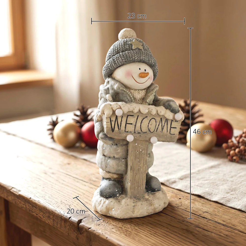 Kalėdinė sniego senio statulėlė su LED apšvietimu ir „Welcome“ lentele, pilka, balta ir juoda, 23 × 20 × 46 cm