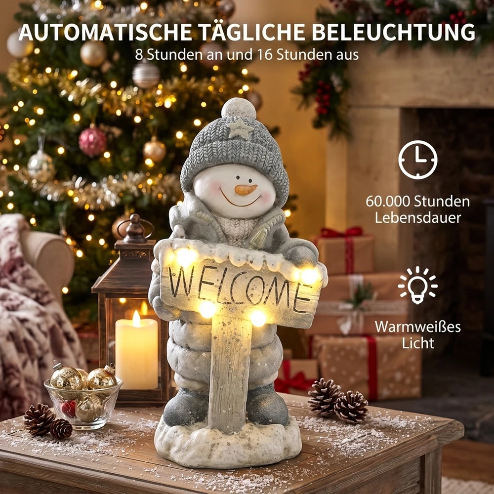 Kalėdinė sniego senio statulėlė su LED apšvietimu ir „Welcome“ lentele, pilka, balta ir juoda, 23 × 20 × 46 cm