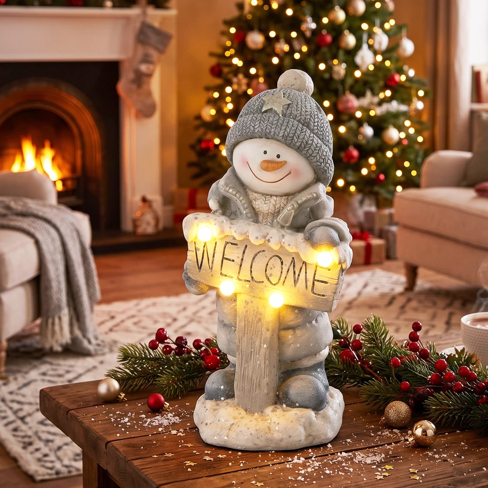 Kalėdinė sniego senio statulėlė su LED apšvietimu ir „Welcome“ lentele, pilka, balta ir juoda, 23 × 20 × 46 cm