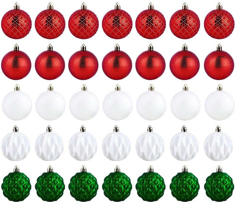 Kalėdiniai ornamentai 35 vnt. atsparūs lūžimams raudoni žali balti 6 cm