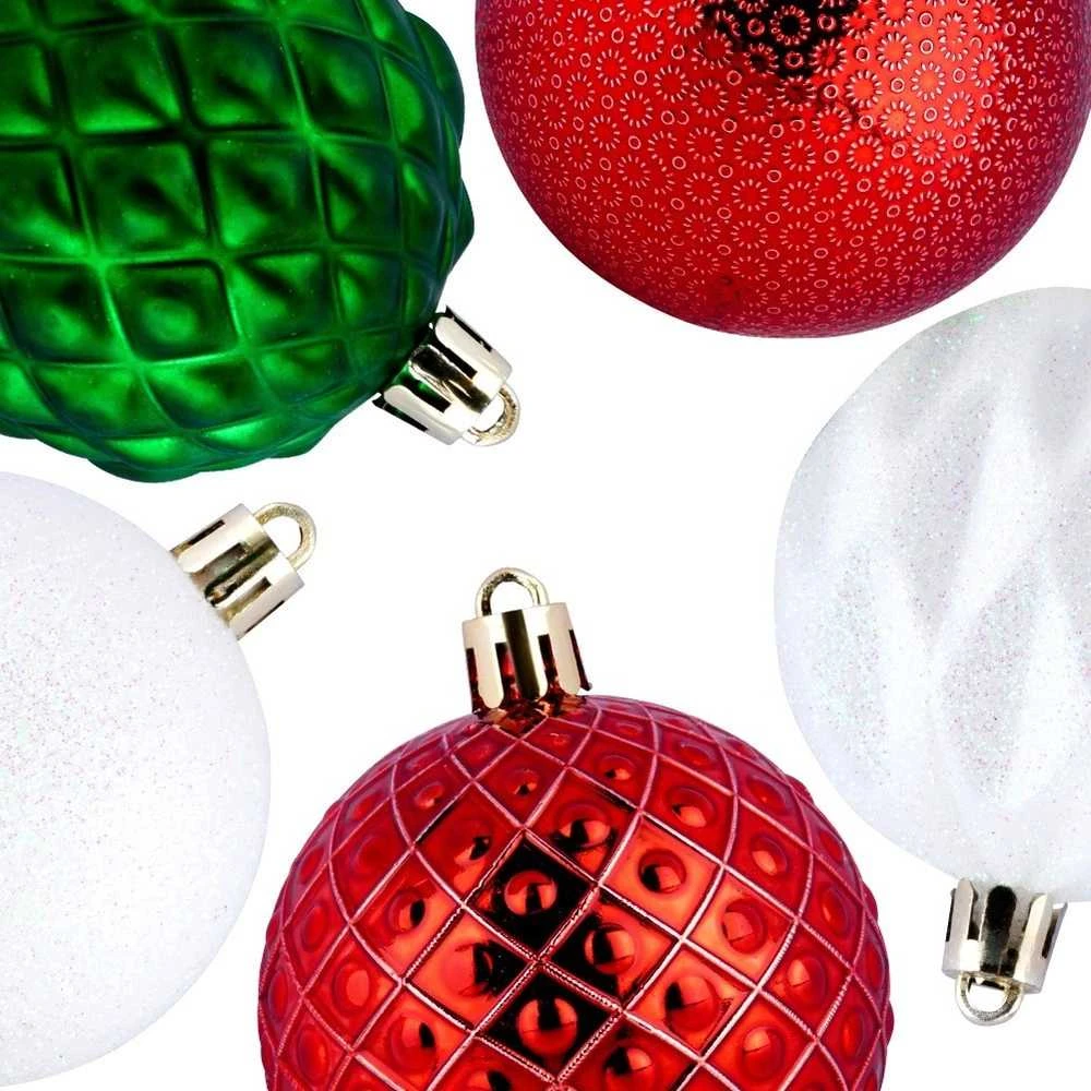 Kalėdiniai ornamentai 35 vnt. atsparūs lūžimams raudoni žali balti 6 cm
