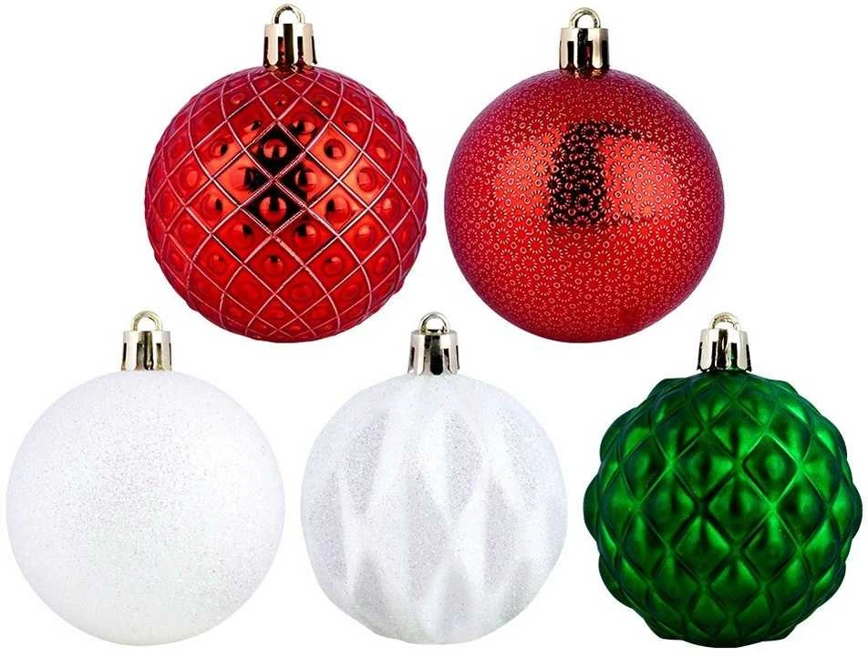 Kalėdiniai ornamentai 35 vnt. atsparūs lūžimams raudoni žali balti 6 cm
