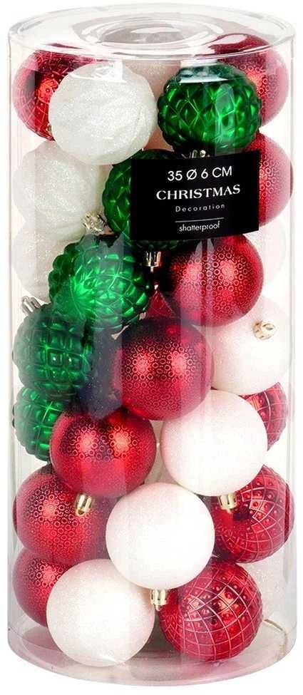 Kalėdiniai ornamentai 35 vnt. atsparūs lūžimams raudoni žali balti 6 cm