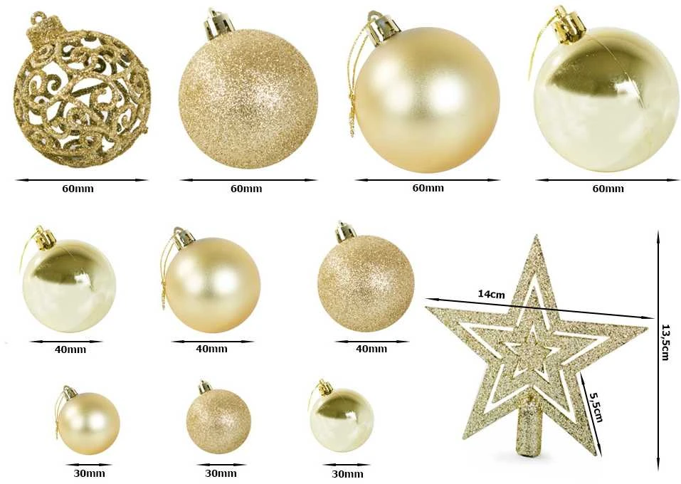 Christmas medžio tops 6/4/3 cm kit 100 pieces Gold