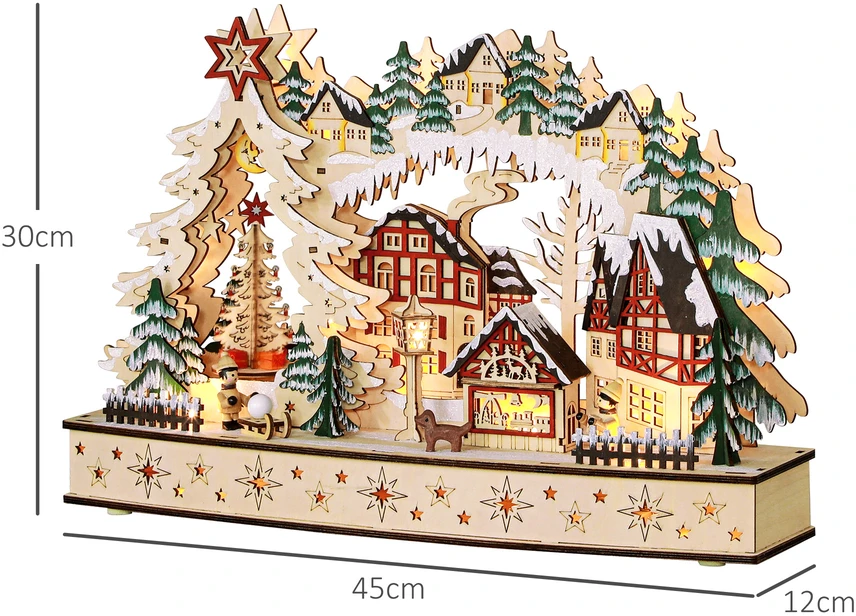 Kalėdinis kaimelis su 20 LED lempučių, natūralaus medžio spalvos, 45 × 12 × 30 cm