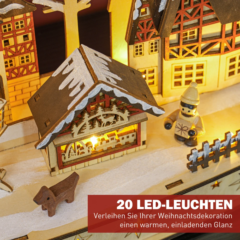 Kalėdinis kaimelis su 20 LED lempučių, natūralaus medžio spalvos, 45 × 12 × 30 cm