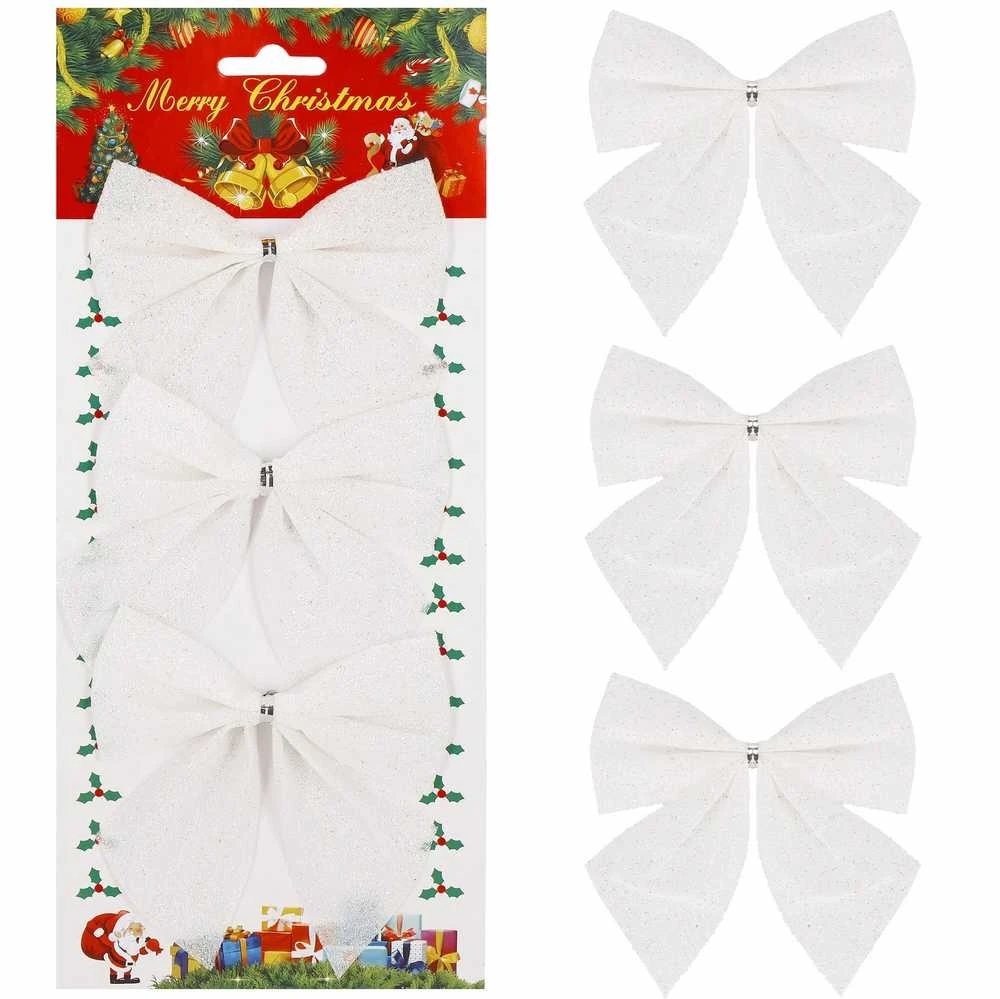 Kalėdinis kaspinas Springos 11 cm 3 vnt balti blizgantys papuošimai