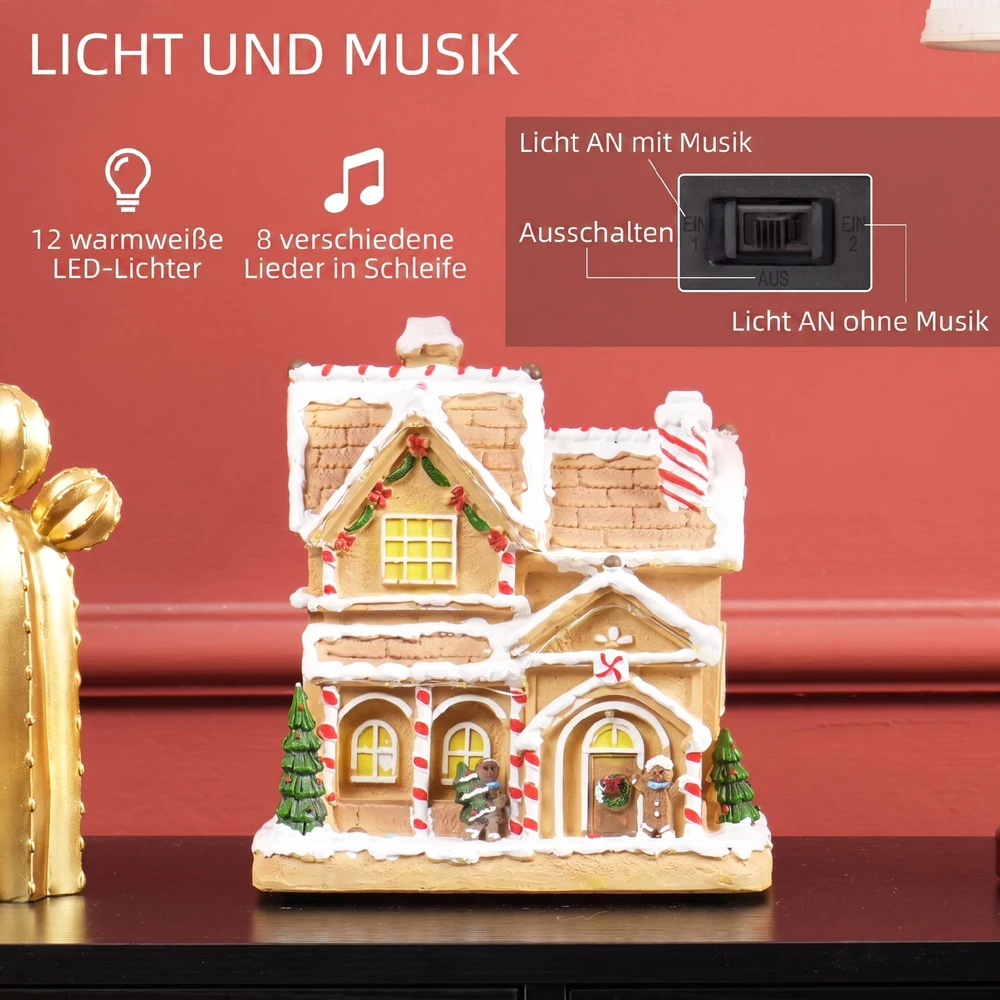 Kalėdinis meduolinis namelis su 12 šiltai baltų LED lempučių ir muzikos funkcija, rudas, 21,5 × 12,5 × 22,5 cm