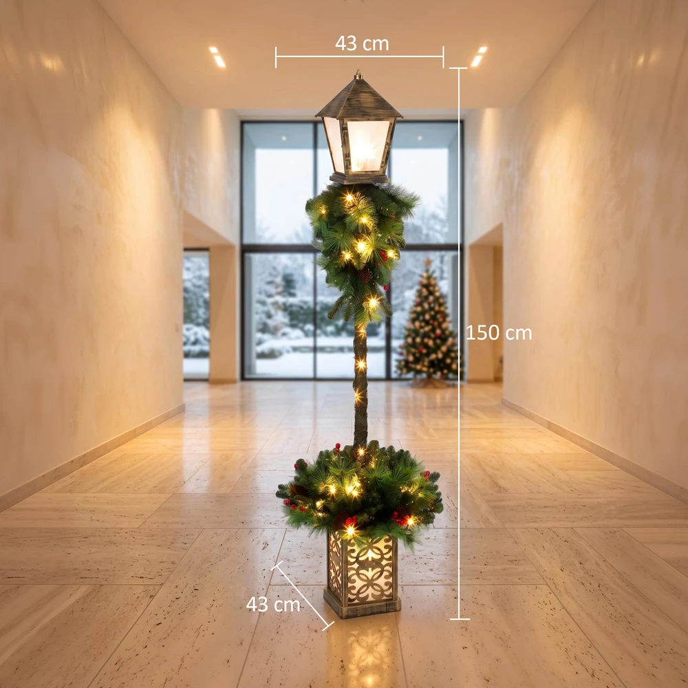 Kalėdinis žibinto stulpas su 50 šiltai baltų LED ir 159 PVC šakelių galiukais, žalias ir juodas, 43 × 43 × 150 cm