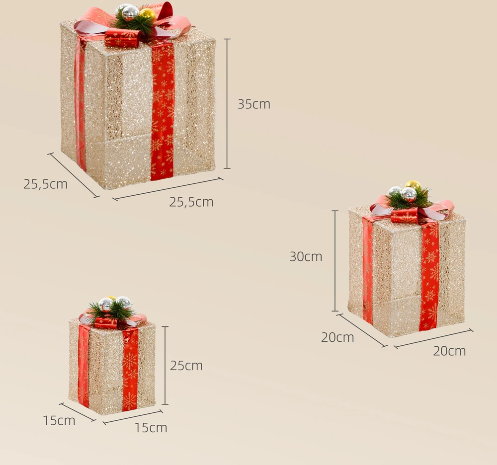 Outsunny Kalėdinių dovanų dėžučių rinkinys su 58 LED, auksinis, 25,5 × 25,5 × 35 cm, 3 vnt.