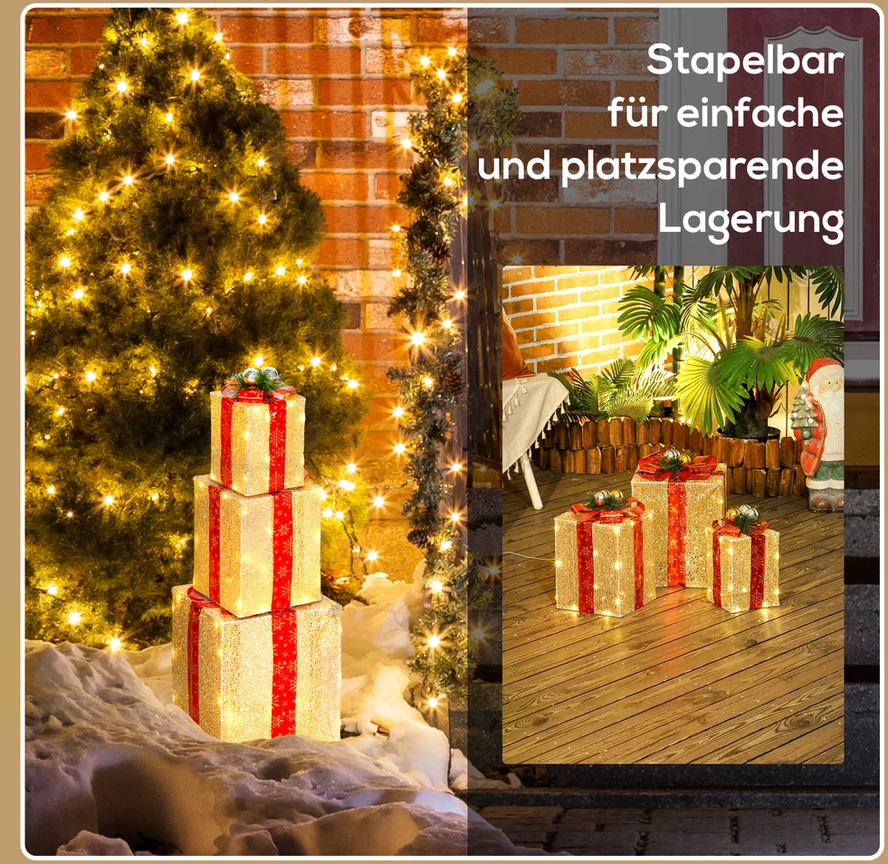 Outsunny Kalėdinių dovanų dėžučių rinkinys su 58 LED, auksinis, 25,5 × 25,5 × 35 cm, 3 vnt.