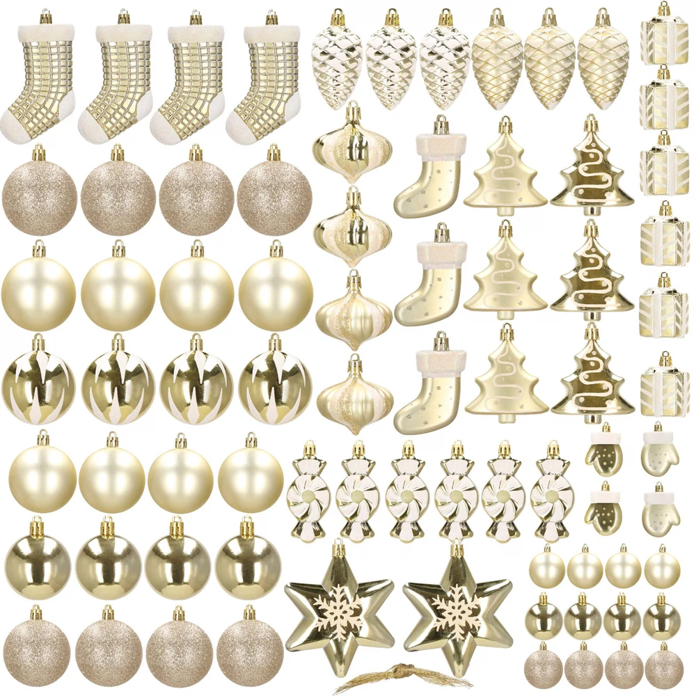 Springos Kalėdinių eglutės žaisliukų rinkinys, aukso ir baltos spalvos, 77 vnt.
