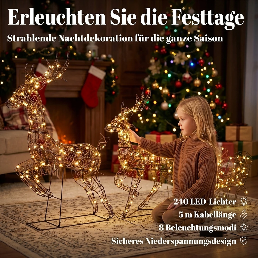 Kalėdinių elnių ir rogių rinkinys su 240 LED ir 8 apšvietimo režimais, rudas, 78 × 22 × 105 cm / 68 × 17 × 90 cm / 46 × 28 × 48 cm, 3 dalių