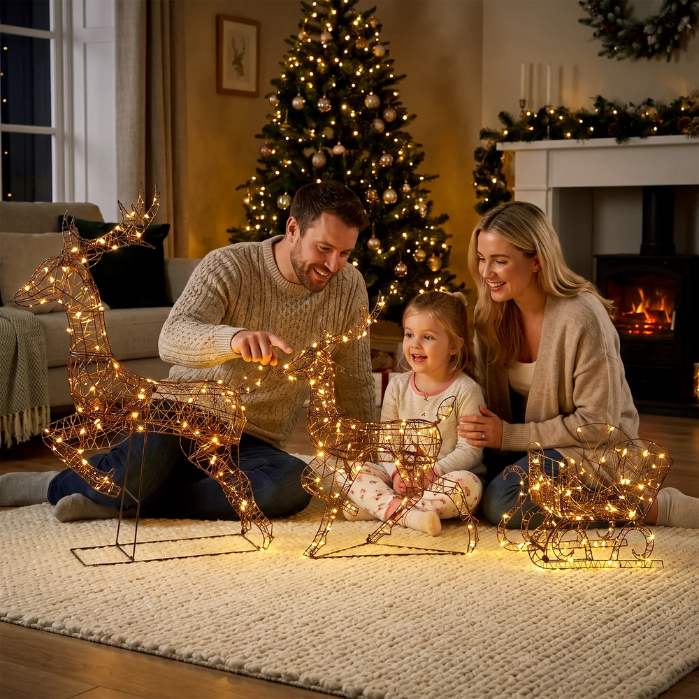 Kalėdinių elnių ir rogių rinkinys su 240 LED ir 8 apšvietimo režimais, rudas, 78 × 22 × 105 cm / 68 × 17 × 90 cm / 46 × 28 × 48 cm, 3 dalių