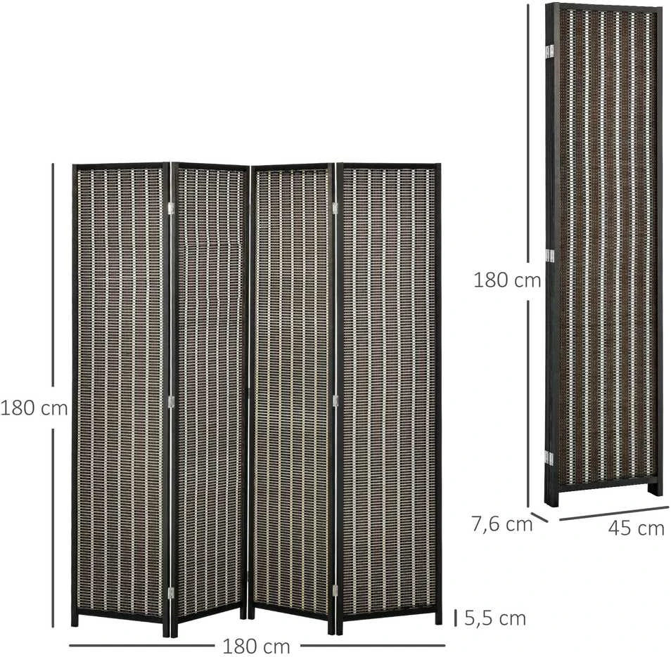 HOMCOM 4 dalių bambukinė širma 180 x 180 cm, sulankstoma kambario pertvara, ruda