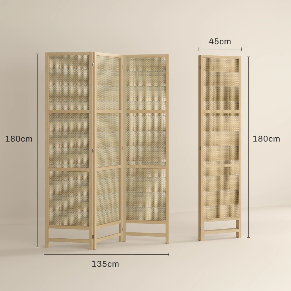 HOMCOM 3 dalių pertvara 135 x 180 cm, atskiriamoji sienelė iš PP ratano, sulankstomas kambario daliklis, privatumo apsauga svetainei, natūrali