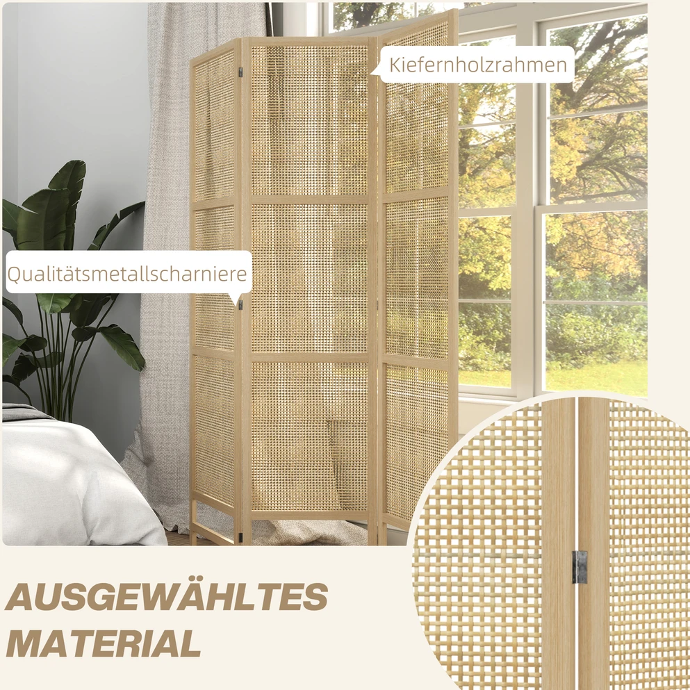 HOMCOM 3 dalių pertvara 135 x 180 cm, atskiriamoji sienelė iš PP ratano, sulankstomas kambario daliklis, privatumo apsauga svetainei, natūrali