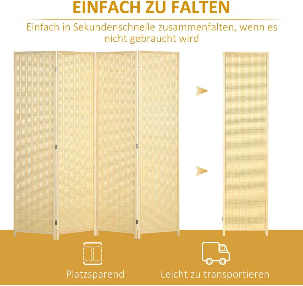 HOMCOM 4 dalių širma 180 x 180 cm, bambukinė pertvara, sulankstoma, natūralios spalvos