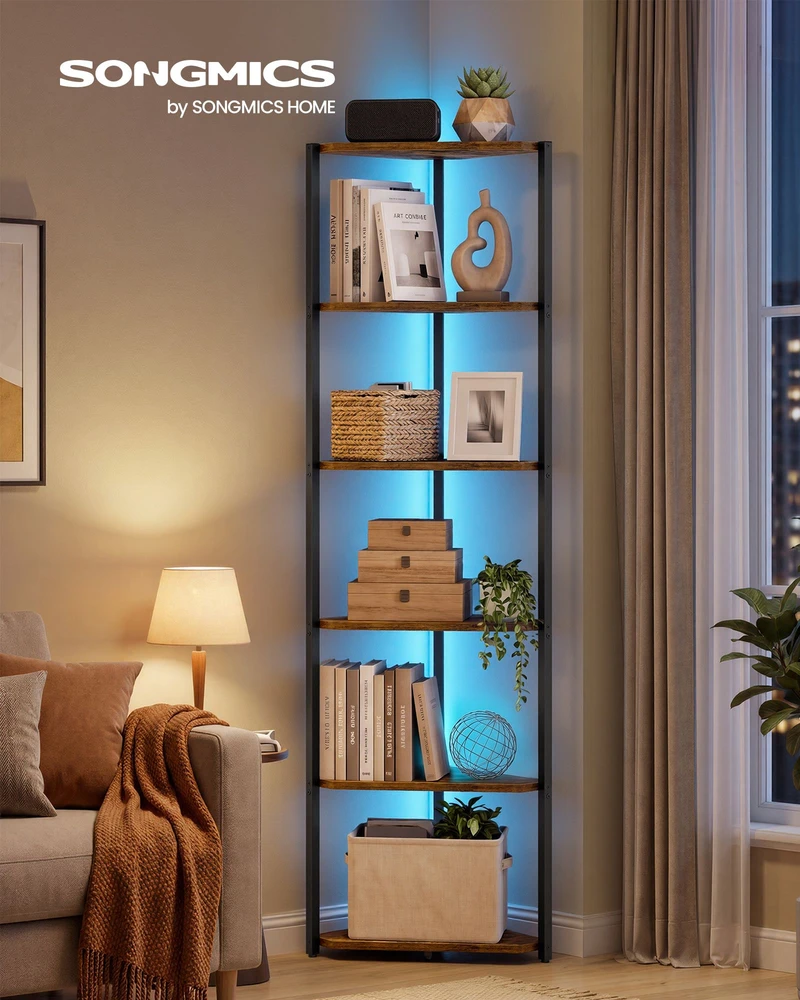 Songmics Kampinė lentyna su LED apšvietimu, 6 lentynų, vintažinė ruda ir juoda, 24,8 × 48 × 182,1 cm