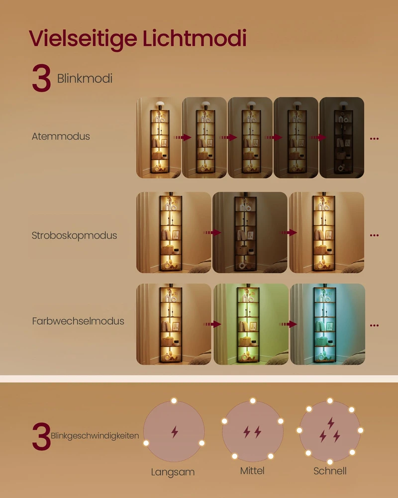 Songmics Kampinė lentyna su LED apšvietimu, 6 lentynų, vintažinė ruda ir juoda, 24,8 × 48 × 182,1 cm