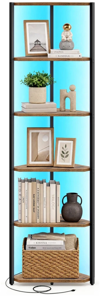 Songmics Kampinė lentyna su LED apšvietimu, 6 lentynų, vintažinė ruda ir juoda, 24,8 × 48 × 182,1 cm